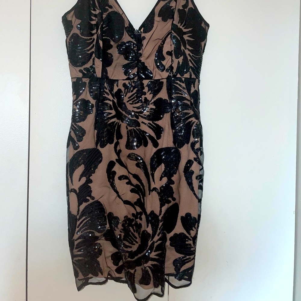 A.Peach floral embroidered black sequined mesh dress - v-neck